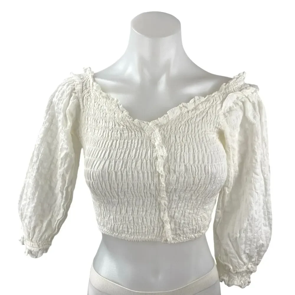 Zara Women's White Smocked Ruffle V Neck Half Sleeve Blouse Crop Top Size S